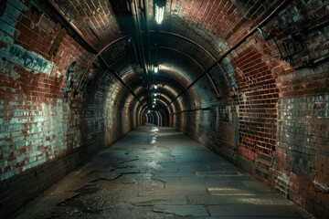 A long, narrow tunnel with a brick wall on either side