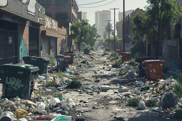 A street with trash and graffiti on the buildings