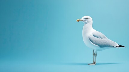 A close-up of a natural white seagull standing still, isolated on a solid blue background. The simplicity of the backdrop highlights the bird's sharp features.