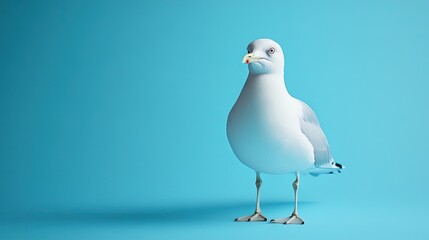 Fototapeta premium A close-up of a natural white seagull standing still, isolated on a solid blue background. The simplicity of the backdrop highlights the bird's sharp features.