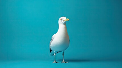 Obraz premium A close-up of a natural white seagull standing still, isolated on a solid blue background. The simplicity of the backdrop highlights the bird's sharp features.