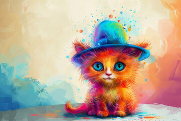 Naklejka premium A colorful cat wearing a blue hat is sitting on a table
