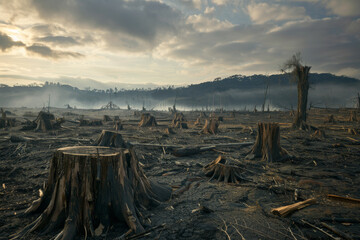 A desolate landscape with a large number of dead trees and a few small trees