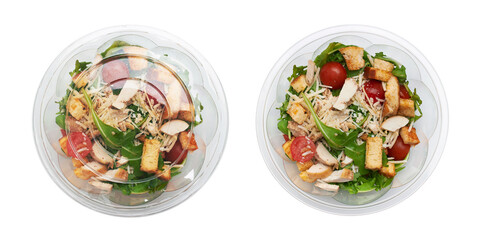 Salad in disposable bowl isolated on a white background