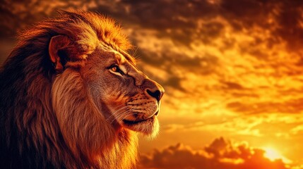 A fierce lion gazing toward the horizon at sunset, its powerful form embodying the strength and spiritual significance of the Lion of Judah.