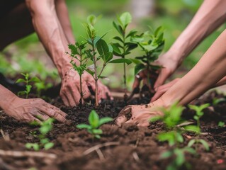 Close-up of multiple hands planting young tree seedlings in soil, symbolizing teamwork, growth, and environmental conservation
