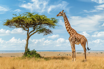 Obraz premium A giraffe stands in front of a tree in a grassy plain