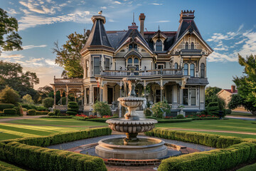 A large house with a fountain in the front yard