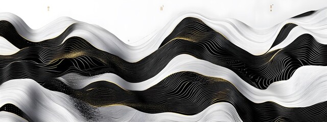 Obraz premium A black and white pattern of topographic lines, with a three-dimensional effect of mountains, featuring gold outlines and white backgrounds