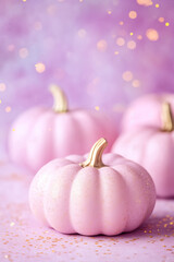 Photo pink pumpkins  on lilac background. Glamour pumpkin with golden sparkling.  Flat lay, front view, Fashion minimalism poster. Halloween design