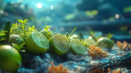 Sweet lime forming centerpiece ultramodern dining table glassbottomed boat vibrant marine life swimming softly blurred beneath creating extraordinary underwater dining experience Scientific name