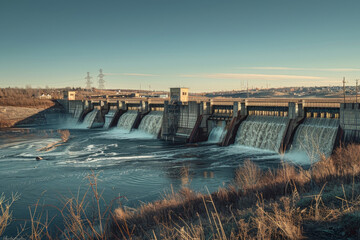 A large body of water with a dam and a series of waterfalls