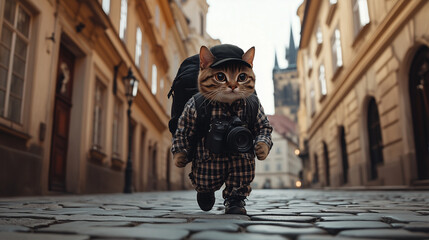 Fashionable Cat Exploring European City Streets