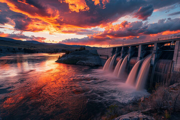 Fototapeta premium A beautiful sunset over a river with a large dam and water flowing from it