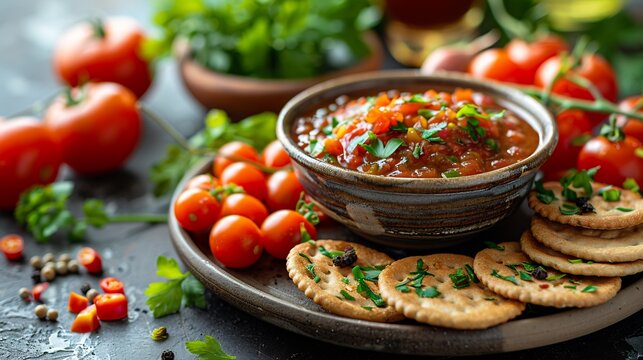 Tamarind chutney spread plate fresh vegetable whole wheat cracker dish focus vibrant color of tamarind emphasized while surrounding tableware subtly blurred highlighting role healthy diet Scientific