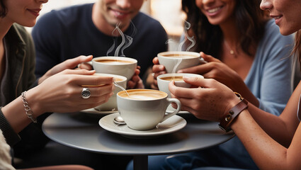 Friends Sharing Artistic Latte Coffees Together