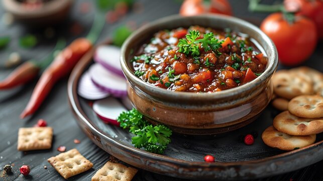 Tamarind chutney spread plate fresh vegetable whole wheat cracker dish focus vibrant color of tamarind emphasized while surrounding tableware subtly blurred highlighting role healthy diet Scientific