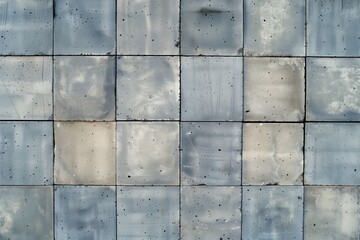 Seamless textured concrete wall featuring a grid of square tiles in varying shades of gray. The surface shows signs of wear, with some tiles appearing smoother and others.
