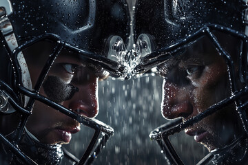 Two fierce athletes locked in a competitive showdown under pouring rain during a high-stakes NFL matchup