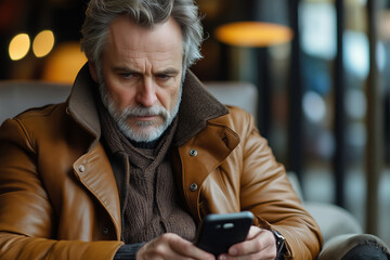 A contemplative man engages with his smartphone while seated in a cozy, modern interior setting with warm lighting