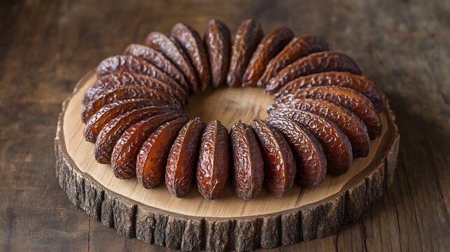 Tamarind pods arranged circular pattern wooden platter pods sharp focus natural wood grain fading into subtle blur highlighting textures of fruit from various angles Scientific name Tamarindus indica