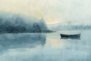 Fototapeta premium A painting of a lake with a boat in the water