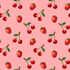 cherries and strawberries. Cute seamless pattern on pink background for textiles and wrapping paper