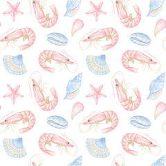 shrimps, shells, starfish. Watercolor seamless pattern on white background for textiles and wrapping paper