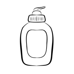 Cosmetic bottle sketch. Dispenser cleansing. Hygiene beauty. Hand drawn line art vector illustration.
