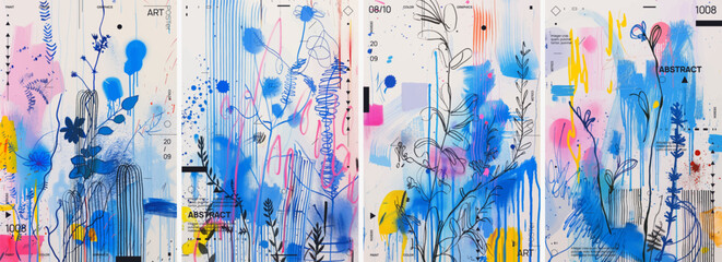 A series of vertical posters with colorful wildflowers and colorful abstract designs. A sense of movement is captured by dynamic lines and splashes of color throughout.
