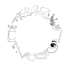 Cosmetics skin care candle patches serum cream mask round circle frame line Vector illustration.
