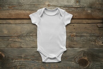 Blank Baby Bodysuit on Wooden Background.