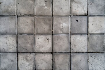 Seamless grid of concrete tiles texture, showcasing a uniform pattern with varying shades of gray and some surface imperfections. The tiles are square-shaped.