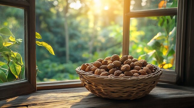 Tamarind pods nestled basket windowsill fruits texture color focus while soft morning light window scene blurred creating tranquil moment centered around the tamarind Scientific name Tamarindus indica
