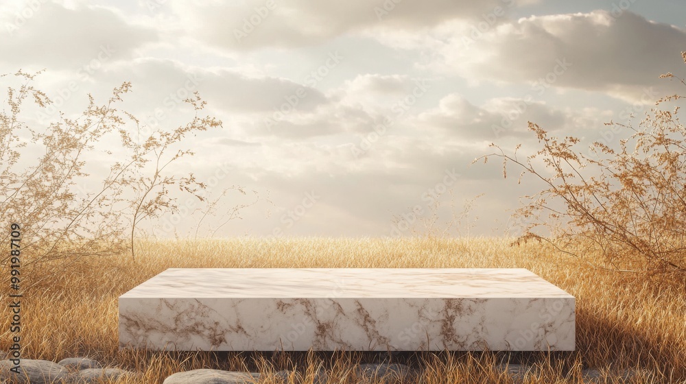 Poster the marble platform rests in a tranquil grassy field, surrounded by wispy plants, as soft clouds dri