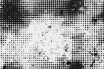 A seamless distressed halftones textured background featuring a pattern of black and white dots, creating a halftone effect. The design includes varying sizes of dots.