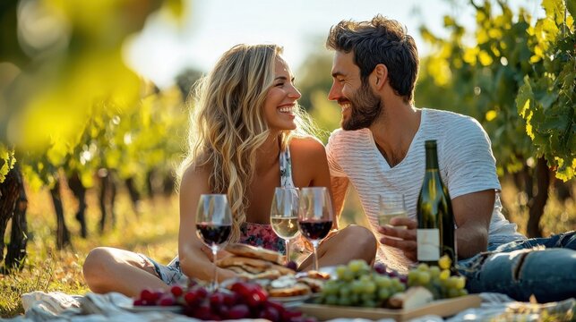 Beautiful couple having romantic breakfast with lots of tasty food and wine, sitting together on the picnic blanket at the vineyard on a sunny morning