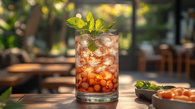 Tamarind water served glass pitcher fresh mint leaf ice cube cool drink focus while outdoor garden seating area softly blurred emphasizing tamarind refreshing revitalizing quality Scientific name