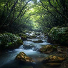 Obraz premium Peaceful river nestled among flourishing green natural beauty picture