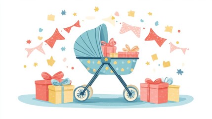 Fototapeta premium A cute cartoon illustration of a baby stroller decorated with gift boxes for a baby shower.