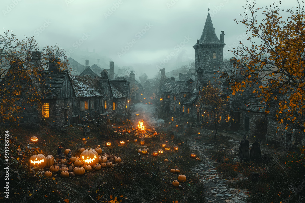 Poster A 17th-century Scottish village hosting a Halloween bonfire and playing divination games with nuts and apples. Concept of Halloween in 17th-century Scotland.