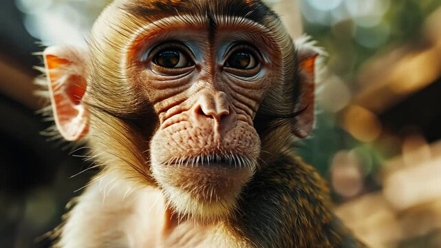 A young monkey stares intensely at the camera, its brown fur illuminated by the sun