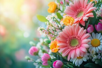 bright and colorful floral arrangement with vibrant blooms and greenery, ideal for a spring-themed banner design