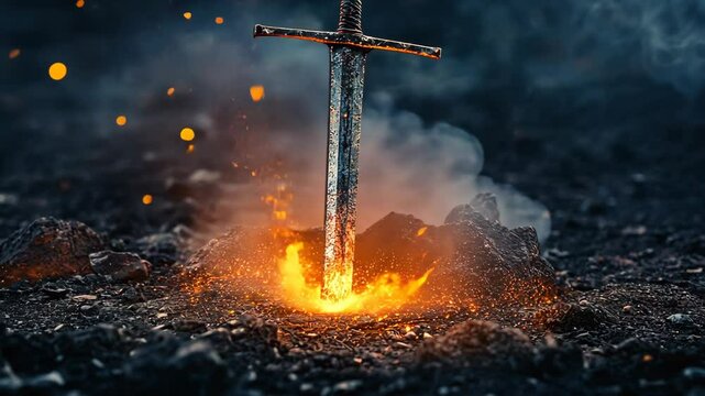A sword is stuck in the ground, surrounded by flames and smoke