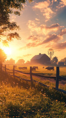 Obraz premium Low-Angle Tracking Shot of a Barn at Sunrise