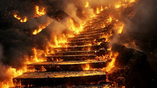 A set of stone stairs engulfed in flames, with smoke billowing around them, appear to lead up to an unknown destination