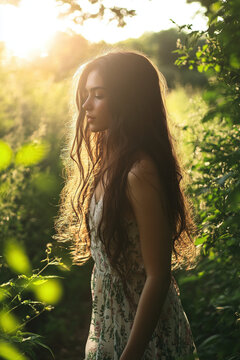Woman in dress walking through forrest with Beautiful ights