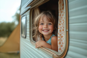 Happy child looking out of the window in a travel trailer caravan during a family vacation on a summer day.