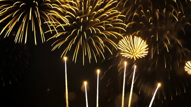 Golden fireworks burst across the night sky during a celebratory event
