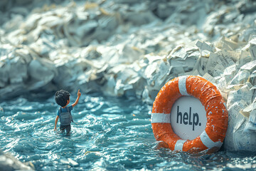 A person drowning in a sea of paperwork, reaching for a lifebuoy labeled "help." Concept of bureaucratic overwhelm and the struggle for assistance.